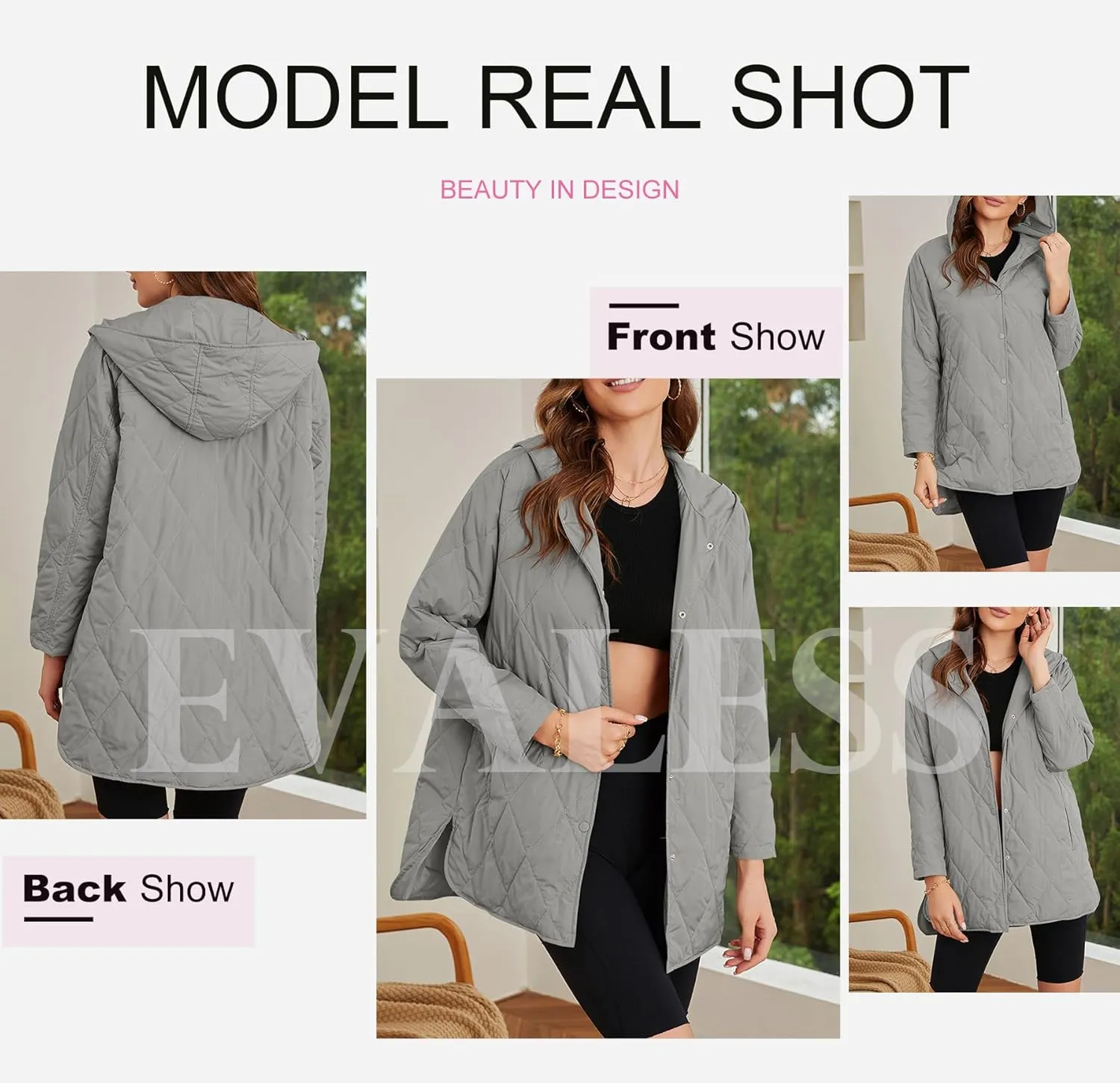 EVALESS Long Jackets for Women Fashion 2024 Winter Coat for Women Business Casual Diamond Quilted Hooded Lightweight Jackets