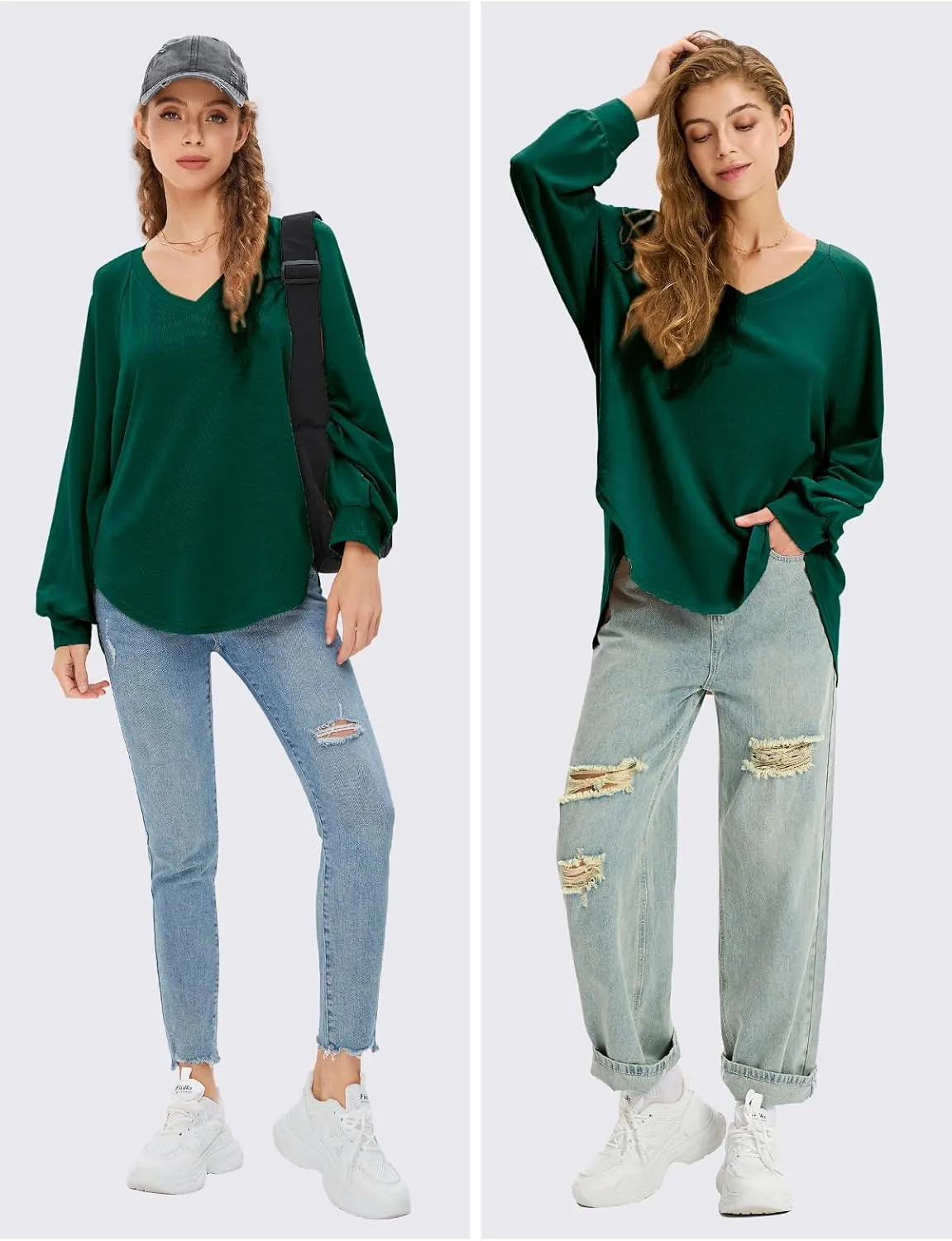EXLURA Womens Spring Oversized V Neck Tunic Tops 2025 Casual Long Sleeve Shirts Lightweight Soft Sweater Curved Hem T Shirts