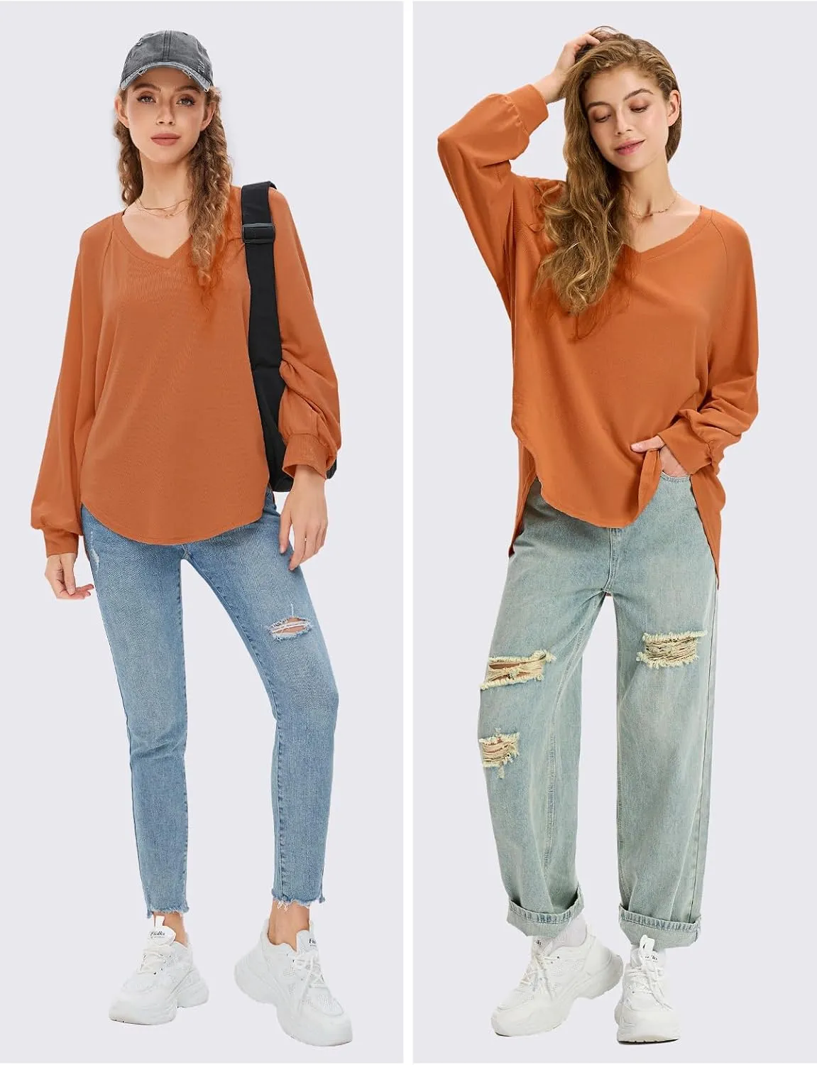 EXLURA Womens Spring Oversized V Neck Tunic Tops 2025 Casual Long Sleeve Shirts Lightweight Soft Sweater Curved Hem T Shirts