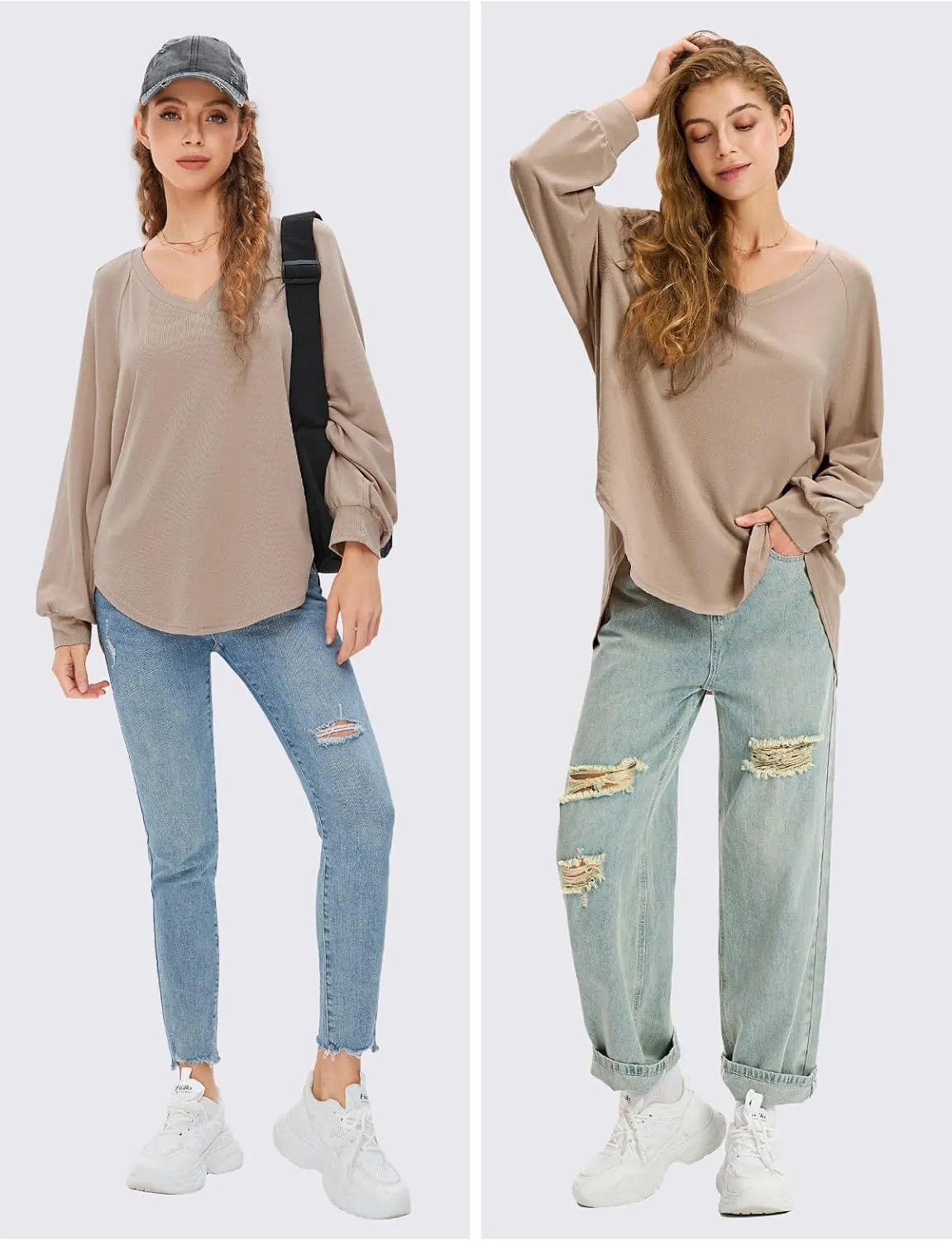 EXLURA Womens Spring Oversized V Neck Tunic Tops 2025 Casual Long Sleeve Shirts Lightweight Soft Sweater Curved Hem T Shirts