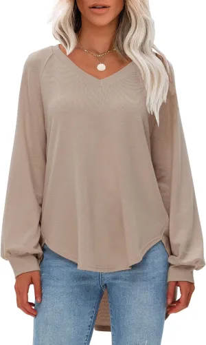 EXLURA Womens Spring Oversized V Neck Tunic Tops 2025 Casual Long Sleeve Shirts Lightweight Soft Sweater Curved Hem T Shirts