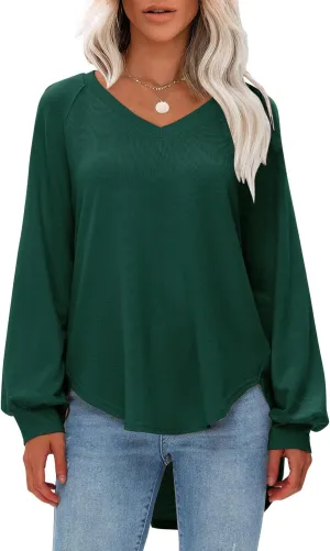 EXLURA Womens Spring Oversized V Neck Tunic Tops 2025 Casual Long Sleeve Shirts Lightweight Soft Sweater Curved Hem T Shirts