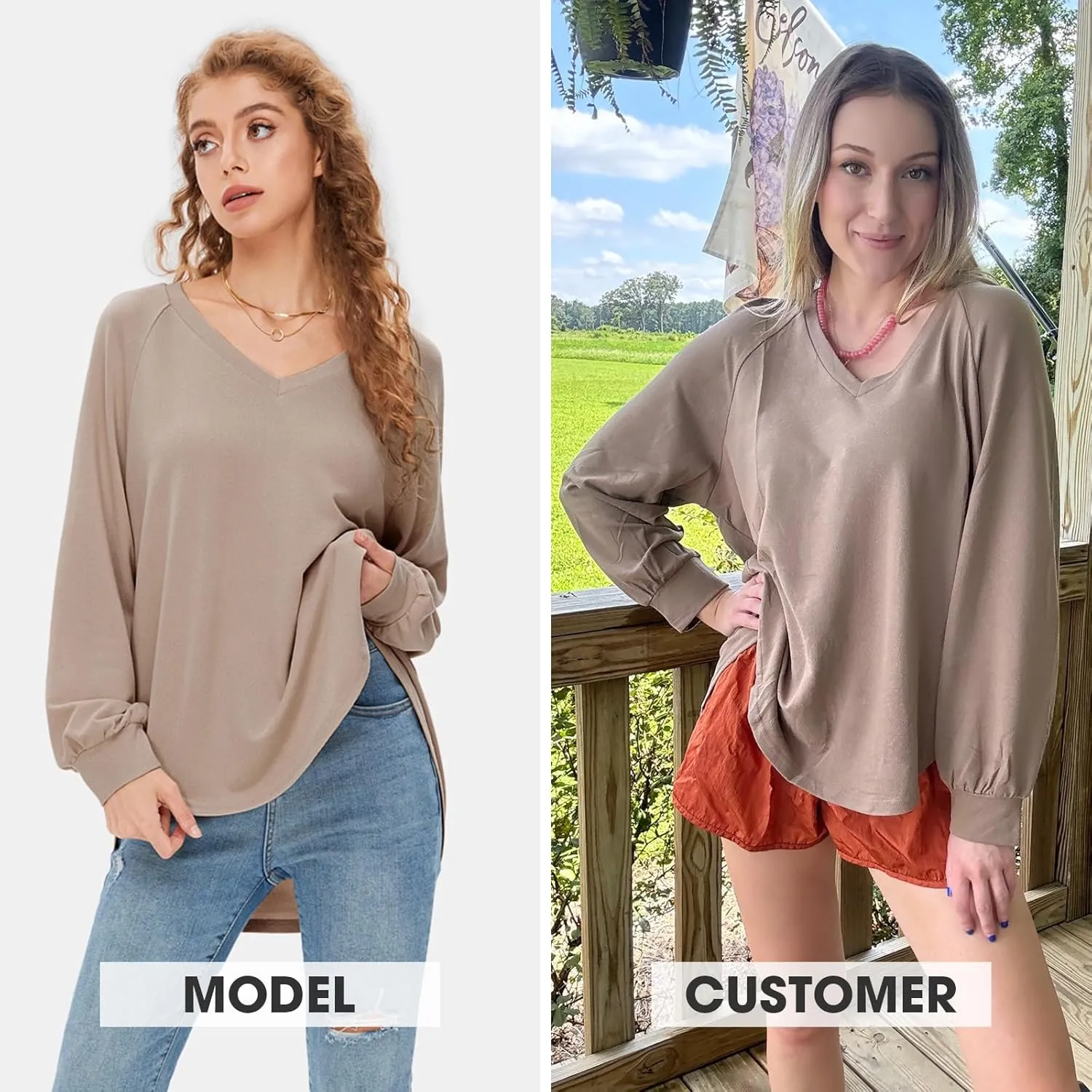EXLURA Womens Spring Oversized V Neck Tunic Tops 2025 Casual Long Sleeve Shirts Lightweight Soft Sweater Curved Hem T Shirts