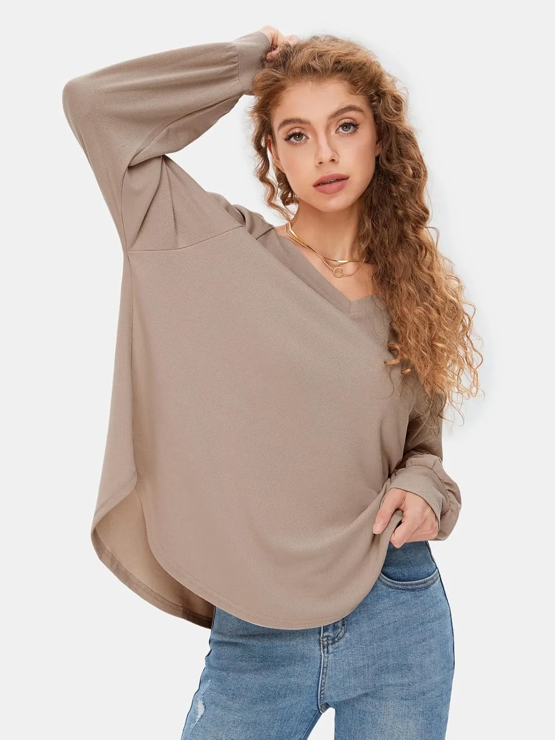 EXLURA Womens Spring Oversized V Neck Tunic Tops 2025 Casual Long Sleeve Shirts Lightweight Soft Sweater Curved Hem T Shirts