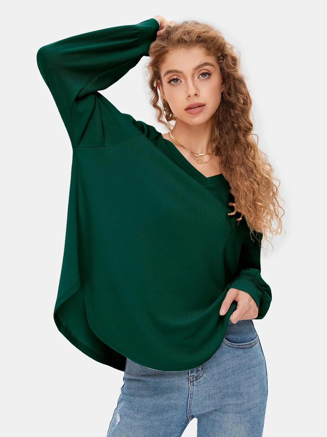 EXLURA Womens Spring Oversized V Neck Tunic Tops 2025 Casual Long Sleeve Shirts Lightweight Soft Sweater Curved Hem T Shirts