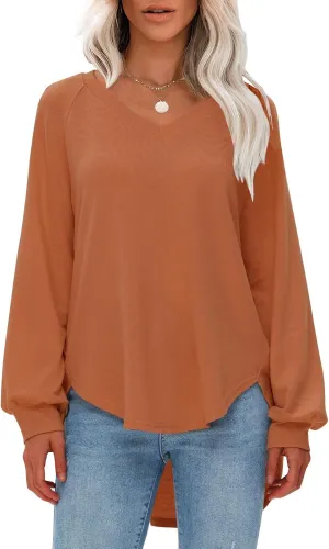 EXLURA Womens Spring Oversized V Neck Tunic Tops 2025 Casual Long Sleeve Shirts Lightweight Soft Sweater Curved Hem T Shirts