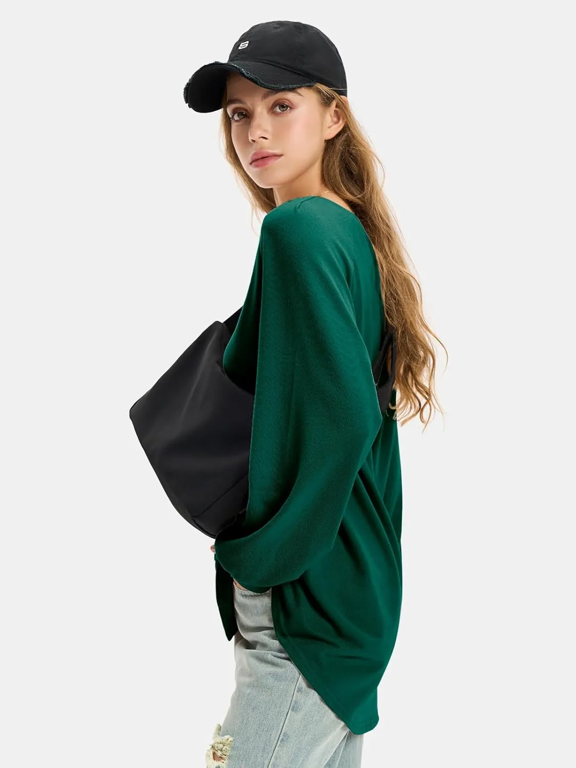 EXLURA Womens Spring Oversized V Neck Tunic Tops 2025 Casual Long Sleeve Shirts Lightweight Soft Sweater Curved Hem T Shirts