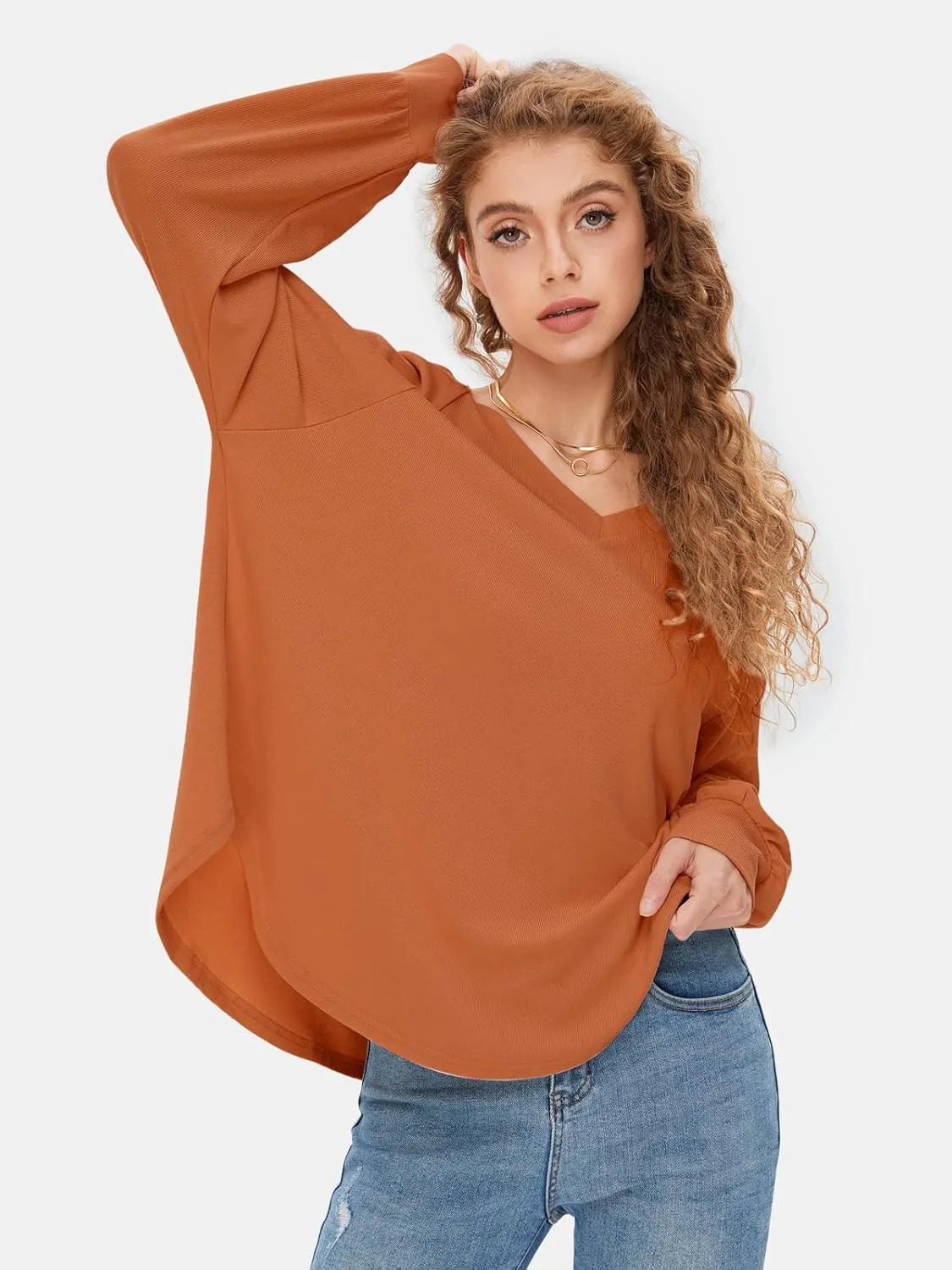 EXLURA Womens Spring Oversized V Neck Tunic Tops 2025 Casual Long Sleeve Shirts Lightweight Soft Sweater Curved Hem T Shirts