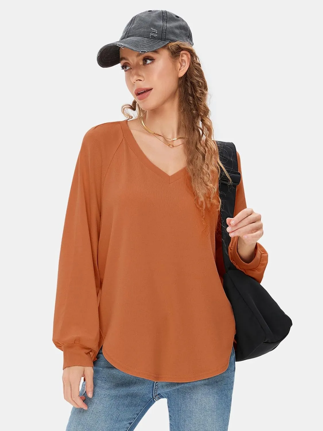 EXLURA Womens Spring Oversized V Neck Tunic Tops 2025 Casual Long Sleeve Shirts Lightweight Soft Sweater Curved Hem T Shirts