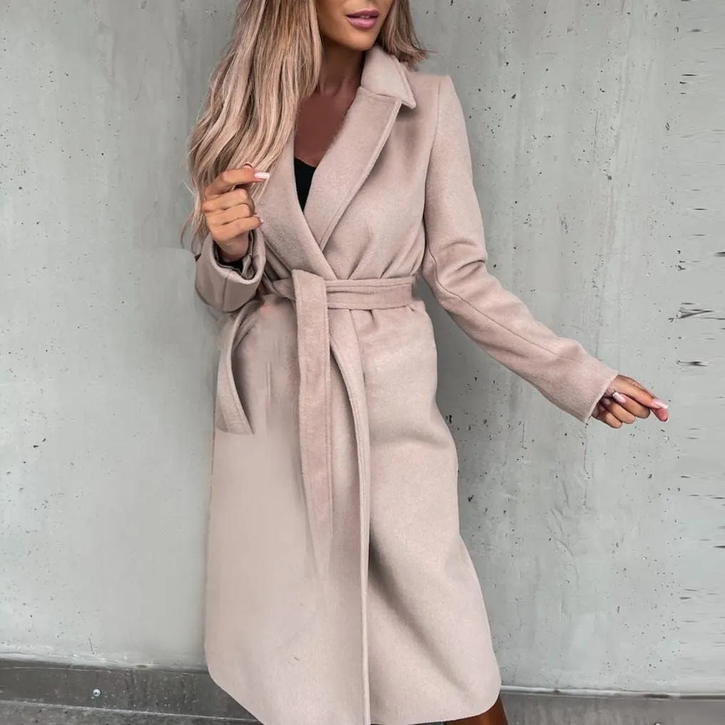 Fall Cardigan for Women 2022 Solid Lapel Collar Trench Coat Open Front Mid Length Wool Blend Coat Elegant Pea Coat