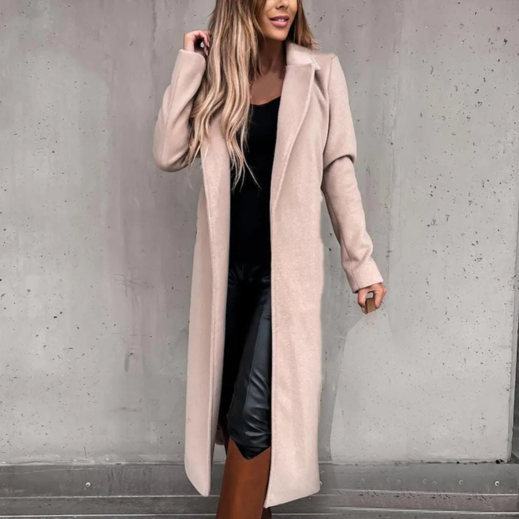 Fall Cardigan for Women 2022 Solid Lapel Collar Trench Coat Open Front Mid Length Wool Blend Coat Elegant Pea Coat