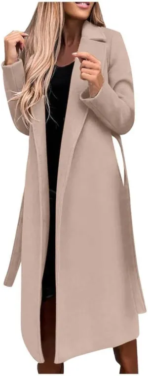Fall Cardigan for Women 2022 Solid Lapel Collar Trench Coat Open Front Mid Length Wool Blend Coat Elegant Pea Coat