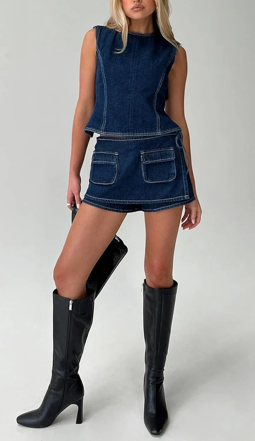 Faretumiya Women Denim Skort Low Rise Bodycon Jean Cargo Shorts Skirt Pull On Asymmetrical Skort Pocketed Wrap Skirt Shorts