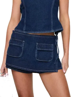 Faretumiya Women Denim Skort Low Rise Bodycon Jean Cargo Shorts Skirt Pull On Asymmetrical Skort Pocketed Wrap Skirt Shorts