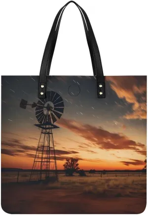 Farmhouse Sunset Windmill Ferris Wheel Night Landscape Milky Tote Bags PU Leather Top Handle Satchel Handbags Shoulder Bags Travel Purse for Women Men