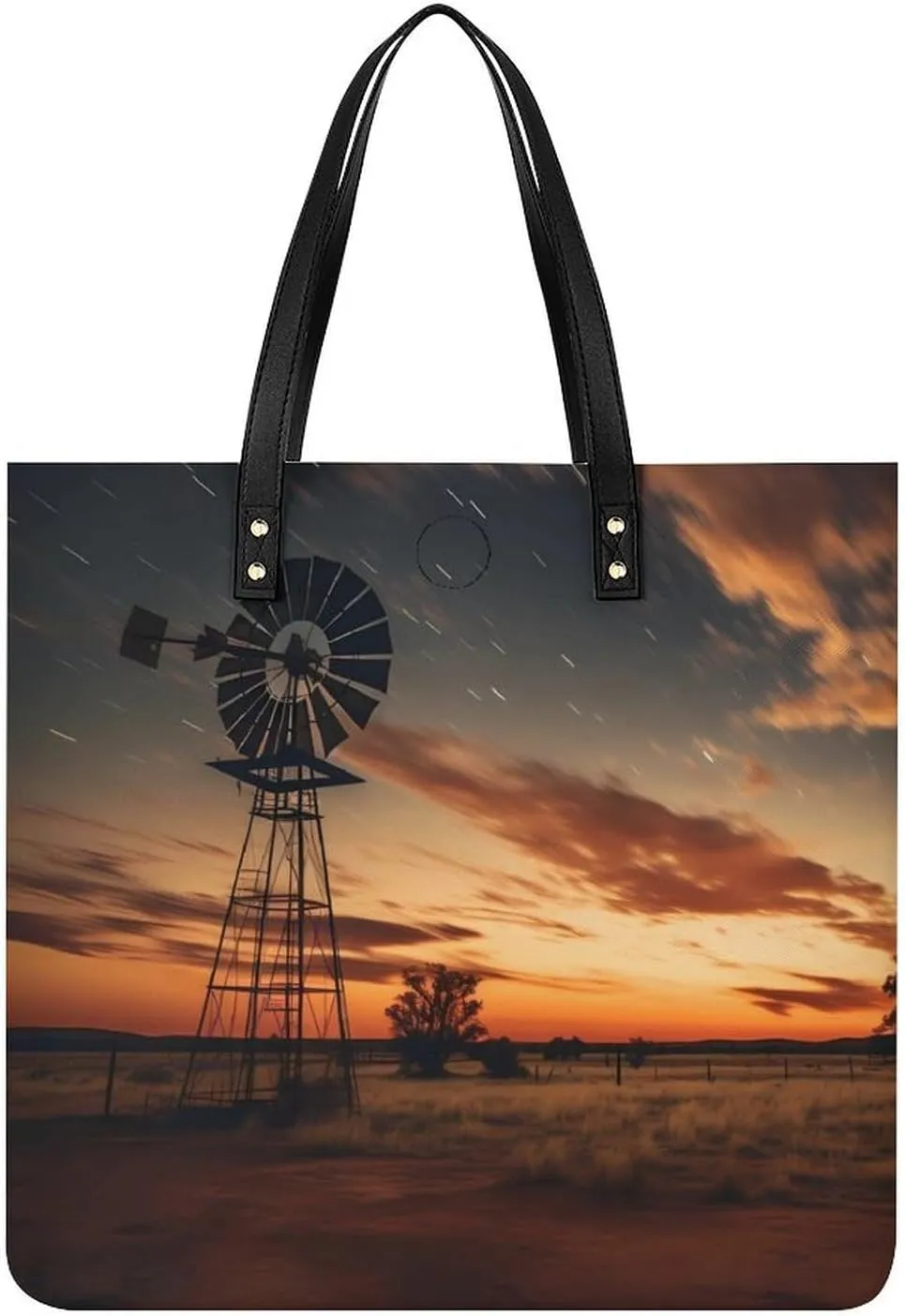 Farmhouse Sunset Windmill Ferris Wheel Night Landscape Milky Tote Bags PU Leather Top Handle Satchel Handbags Shoulder Bags Travel Purse for Women Men