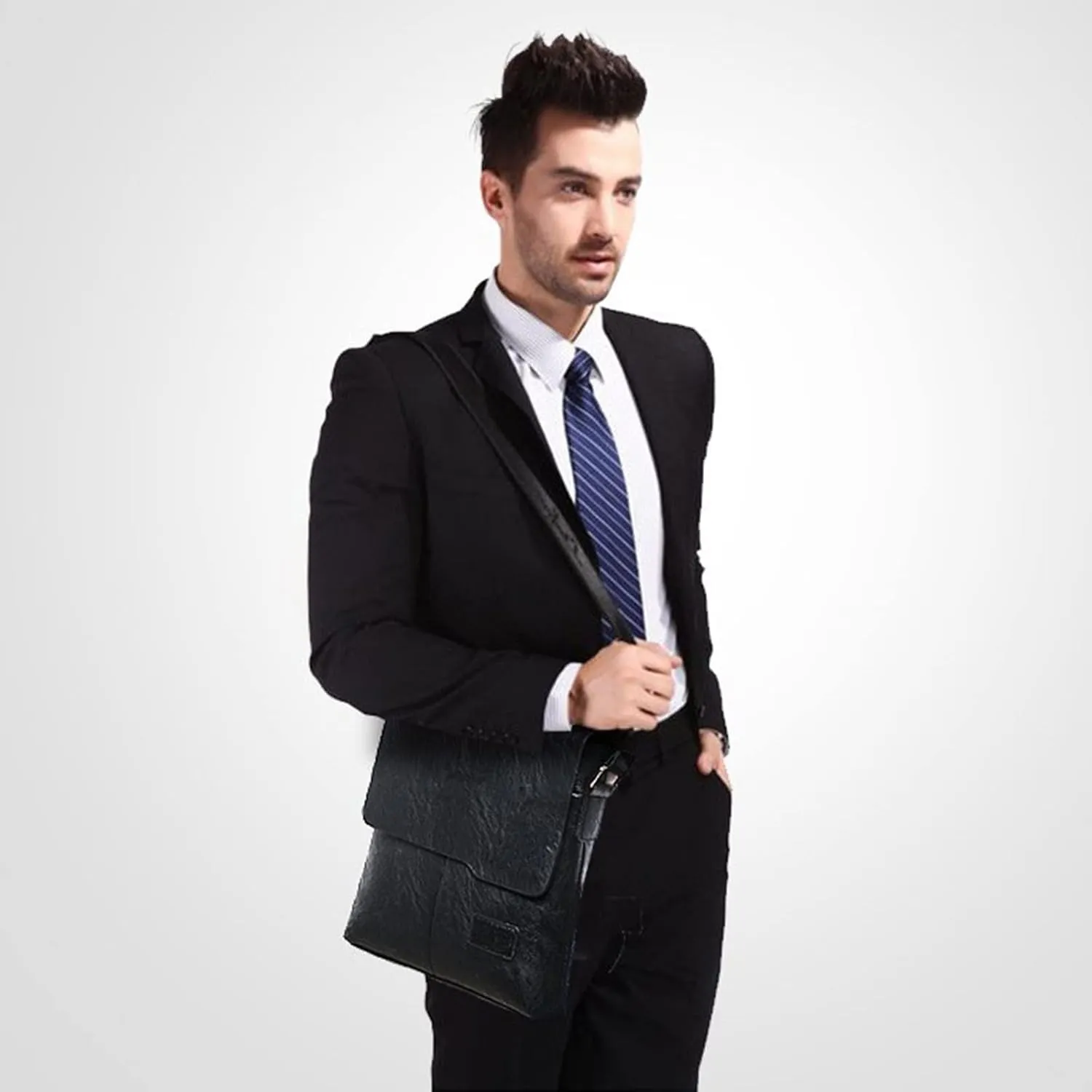 Fashion Men Shoulder Bag Trend Leather Bag Briefcase Clutch Backpack Vertical Trend Crossbody Bags (Black, One Size)