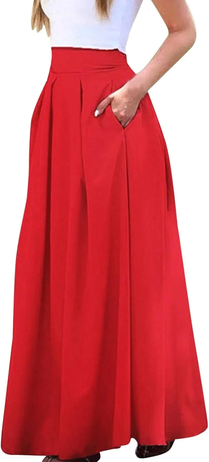 Fashion Women Skirt Elastic Waist A-Line High Waist Skirt Spring Dresses Midi Skirts Solid Skirt Double Slit