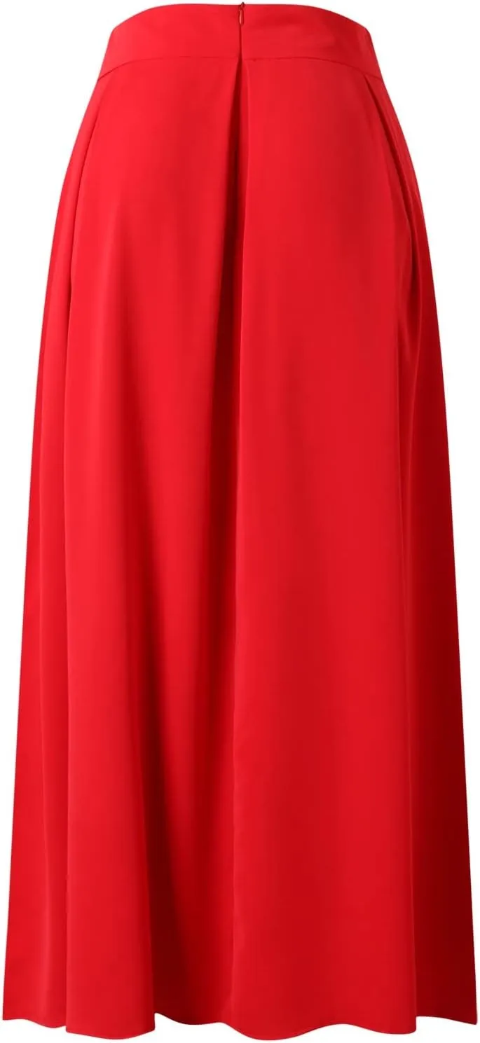 Fashion Women Skirt Elastic Waist A-Line High Waist Skirt Spring Dresses Midi Skirts Solid Skirt Double Slit