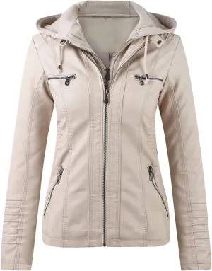 Faux Leather Jacket for Women Drawstring Zipper Pocket Long Sleeve Detachable Hood Slim Fit Motorcycle Biker Coat Top