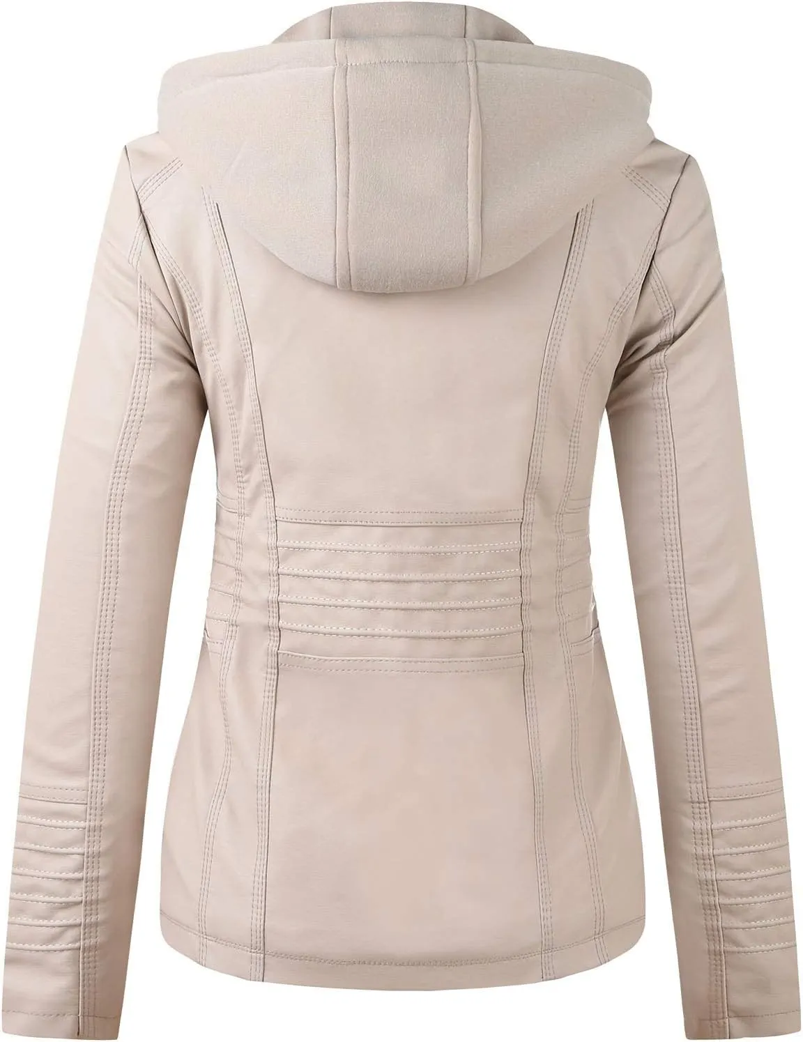 Faux Leather Jacket for Women Drawstring Zipper Pocket Long Sleeve Detachable Hood Slim Fit Motorcycle Biker Coat Top