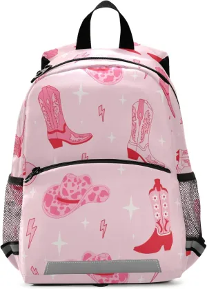 Fisyme Pink Western Cowgirl Boots Backpack Schoolbag Kids Daypack Toddler Travel School Bag Small Mini Backpacks for Kindergarten Preschool Nursery Boys Girls