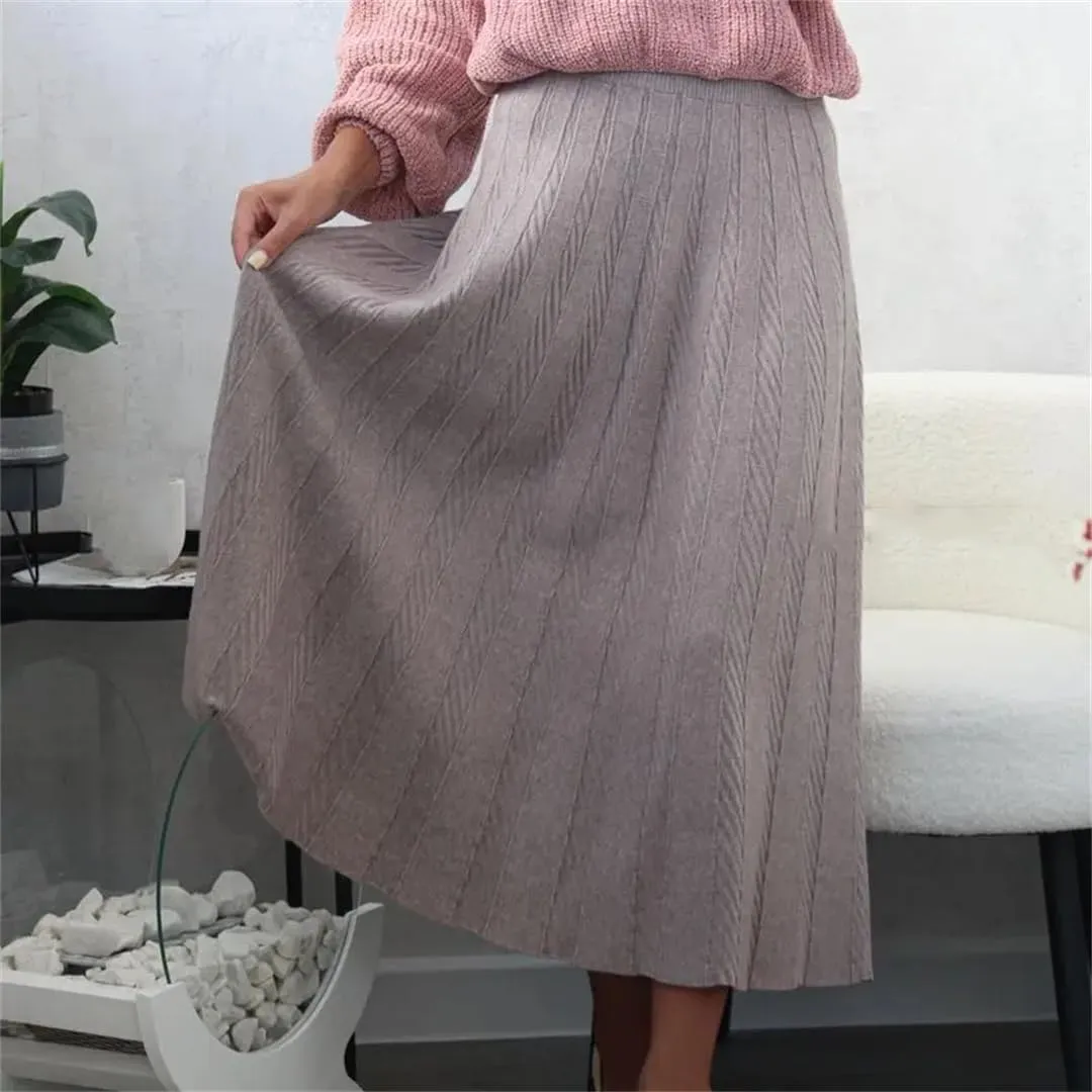 Fjnbbiot Women A Line Knitted Sweater Skirts Elastic High Waist Woman Midi Maxi Skirts Autumn Winter Female Pleated Skirts