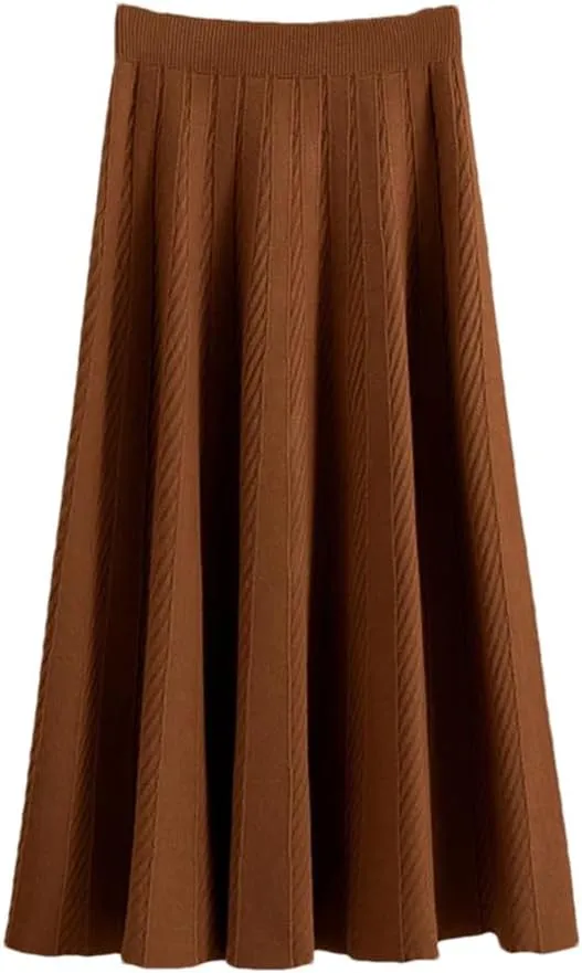 Fjnbbiot Women A Line Knitted Sweater Skirts Elastic High Waist Woman Midi Maxi Skirts Autumn Winter Female Pleated Skirts