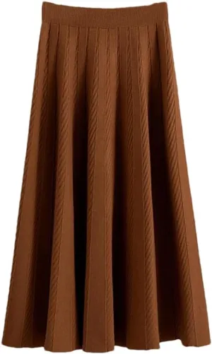 Fjnbbiot Women A Line Knitted Sweater Skirts Elastic High Waist Woman Midi Maxi Skirts Autumn Winter Female Pleated Skirts