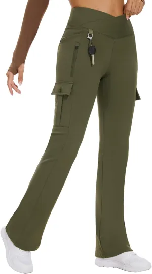 Flare Leggings for Women Yoga Crossover High Waist Pants with Tummy Control Workout Cargo with 5 Pockets Bootcut Leggings