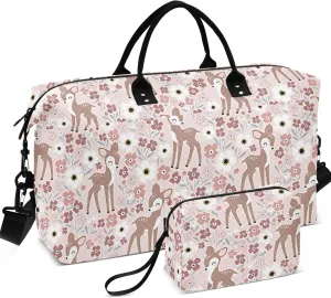 Floral Deer Christmas Duffle Travel Bag Toiletry Bags Set, Fun Garment Duffel Bag Weekend Bag Duffel