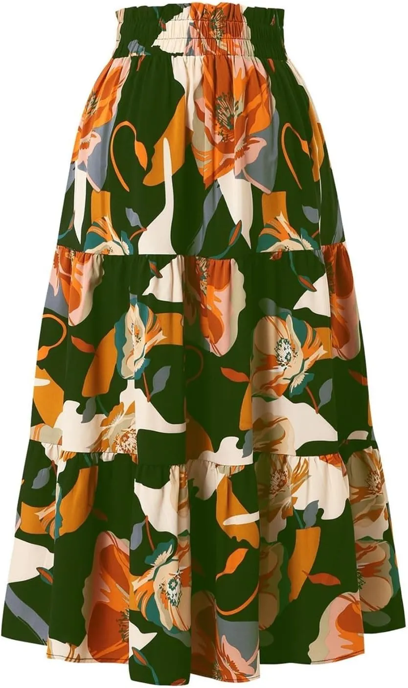 Floral Maxi Skirt for Women Summer Vacation A Line Flowy Swing Comfy Tiered Elastic High Waisted Long Skirts