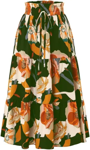 Floral Maxi Skirt for Women Summer Vacation A Line Flowy Swing Comfy Tiered Elastic High Waisted Long Skirts