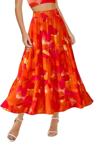 Floral Maxi Skirts for Women Trendy High Waisted Tiered Flowy Boho Long Skirt Cute Ruffle Pleated Beach A Line Skirt
