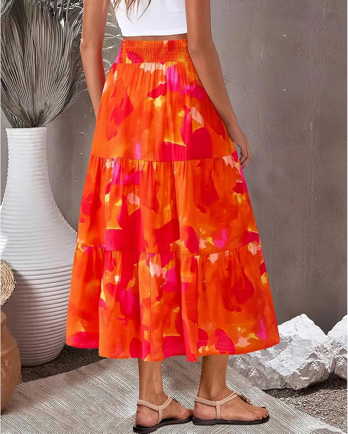 Floral Maxi Skirts for Women Trendy High Waisted Tiered Flowy Boho Long Skirt Cute Ruffle Pleated Beach A Line Skirt