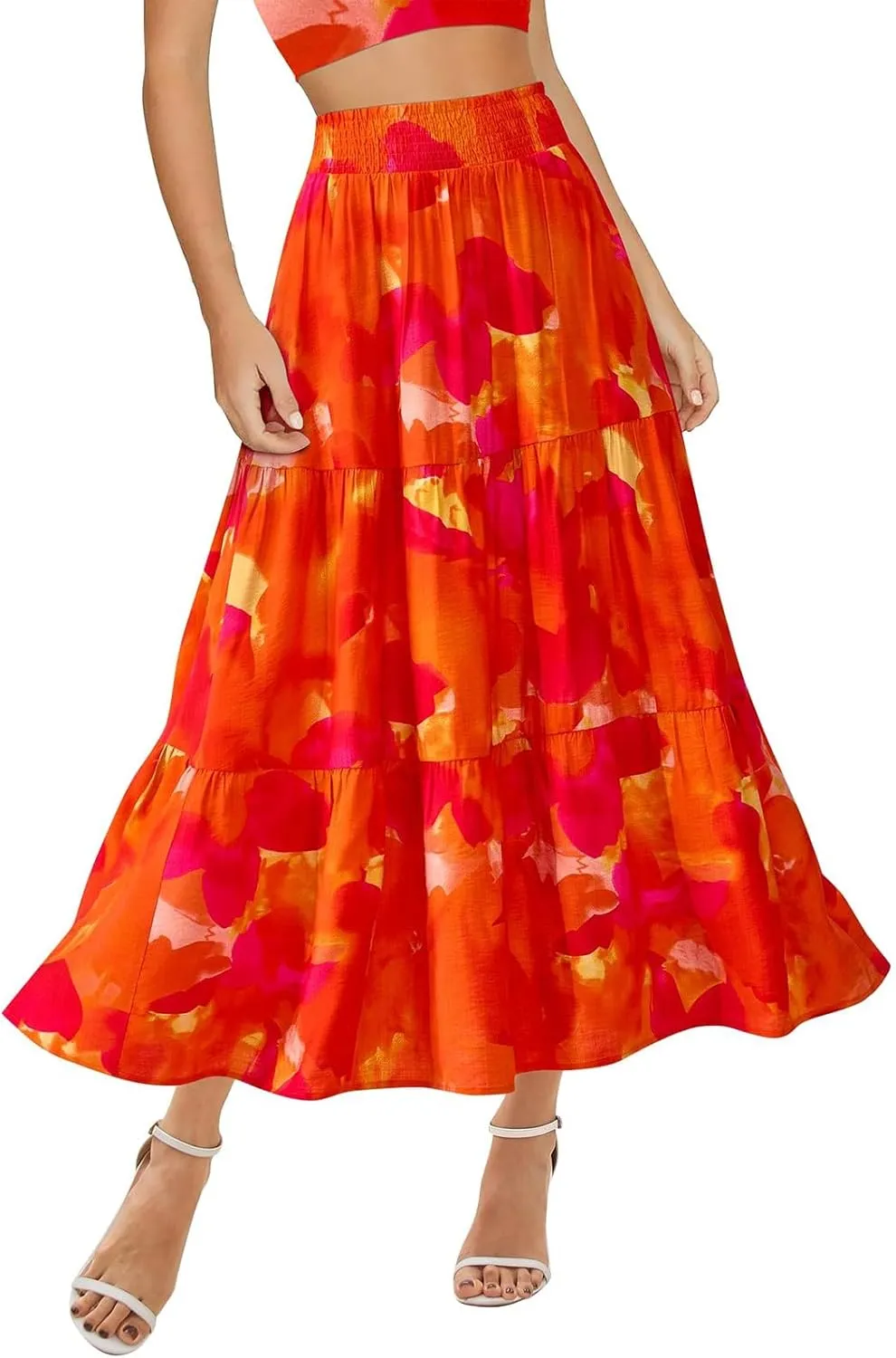 Floral Maxi Skirts for Women Trendy High Waisted Tiered Flowy Boho Long Skirt Cute Ruffle Pleated Beach A Line Skirt