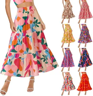 Floral Maxi Skirts for Women Trendy High Waisted Tiered Flowy Boho Long Skirt Cute Ruffle Pleated Beach A Line Skirt