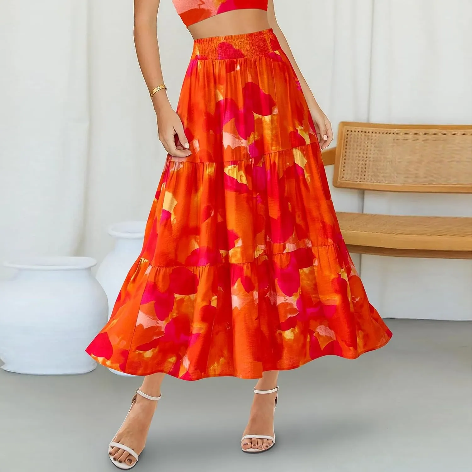 Floral Maxi Skirts for Women Trendy High Waisted Tiered Flowy Boho Long Skirt Cute Ruffle Pleated Beach A Line Skirt