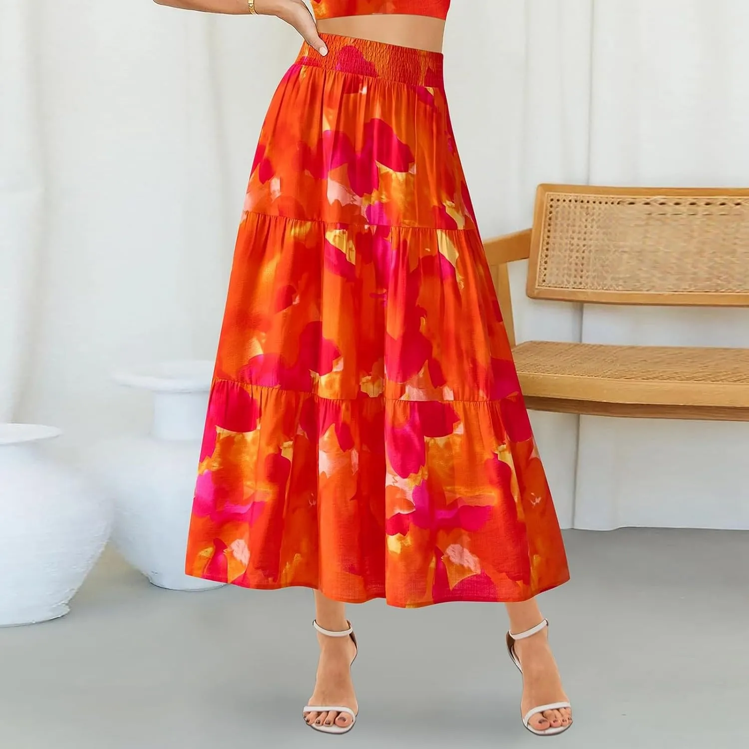 Floral Maxi Skirts for Women Trendy High Waisted Tiered Flowy Boho Long Skirt Cute Ruffle Pleated Beach A Line Skirt