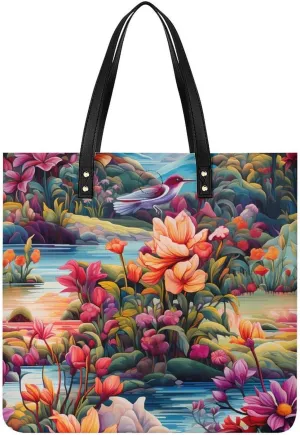 Flowers with Birds Tote Bags PU Leather Top Handle Satchel Handbags Shoulder Bags Travel Purse for Women Men