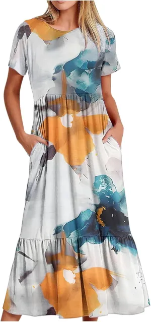 Flowy Dresses for Women Cute Flower Graphic Print Midi Dress Loose Fashion Casual Beach Dresses with Pockets