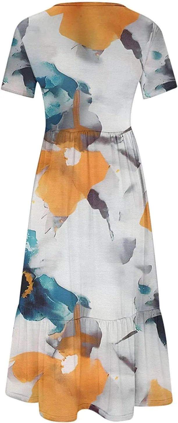 Flowy Dresses for Women Cute Flower Graphic Print Midi Dress Loose Fashion Casual Beach Dresses with Pockets