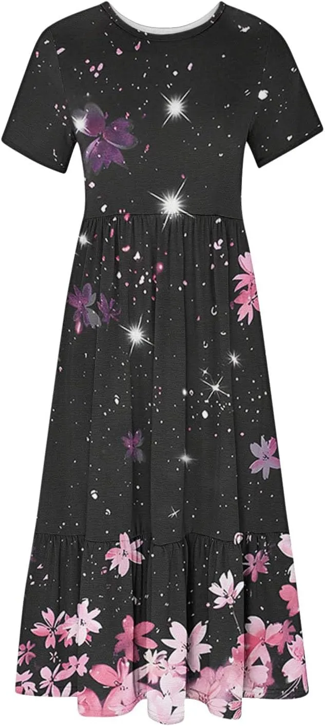 Flowy Dresses for Women Cute Flower Graphic Print Midi Dress Loose Fashion Casual Beach Dresses with Pockets