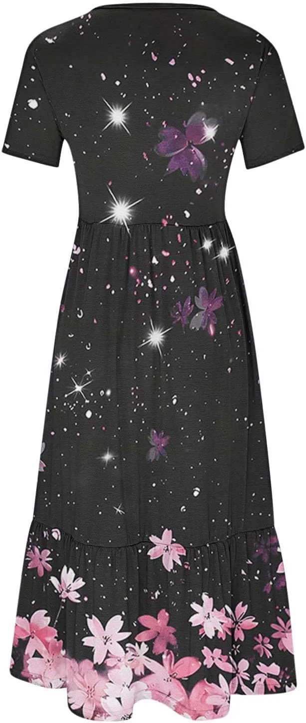 Flowy Dresses for Women Cute Flower Graphic Print Midi Dress Loose Fashion Casual Beach Dresses with Pockets