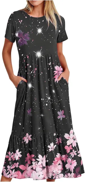 Flowy Dresses for Women Cute Flower Graphic Print Midi Dress Loose Fashion Casual Beach Dresses with Pockets