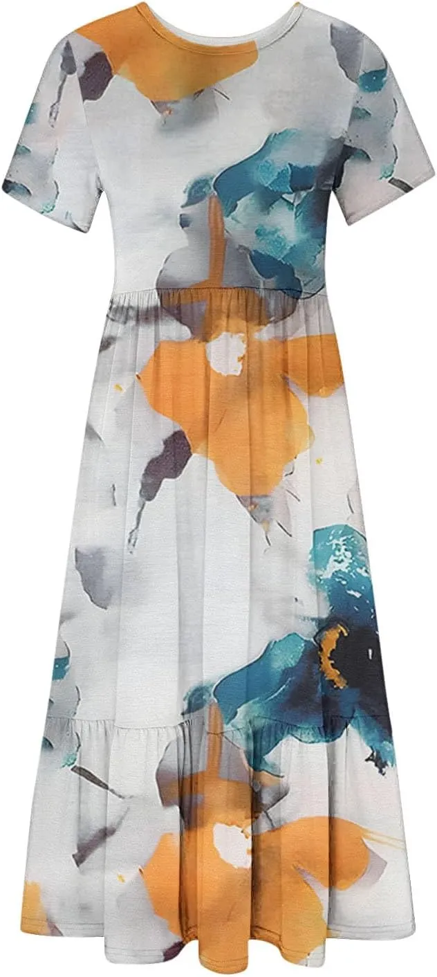 Flowy Dresses for Women Cute Flower Graphic Print Midi Dress Loose Fashion Casual Beach Dresses with Pockets