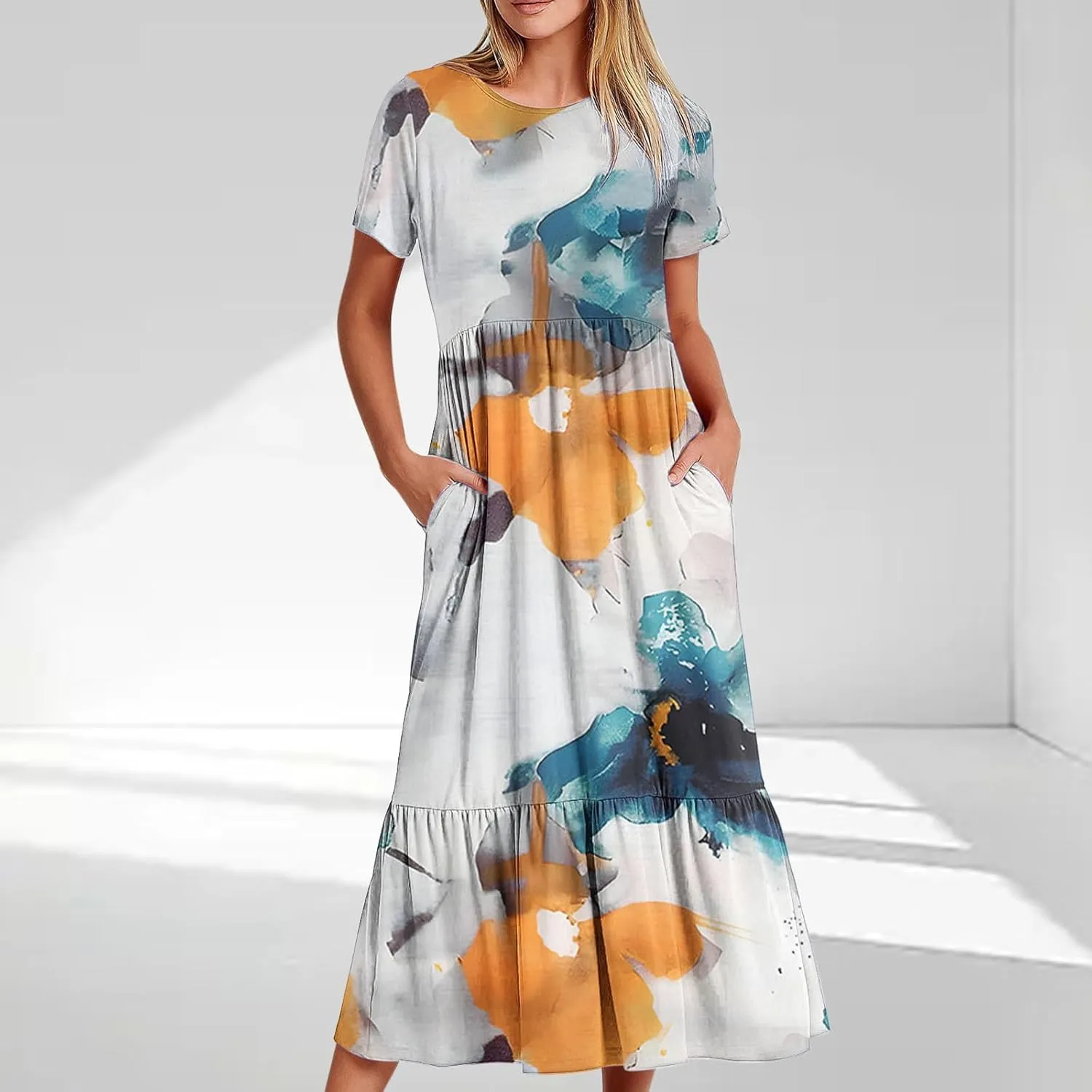 Flowy Dresses for Women Cute Flower Graphic Print Midi Dress Loose Fashion Casual Beach Dresses with Pockets