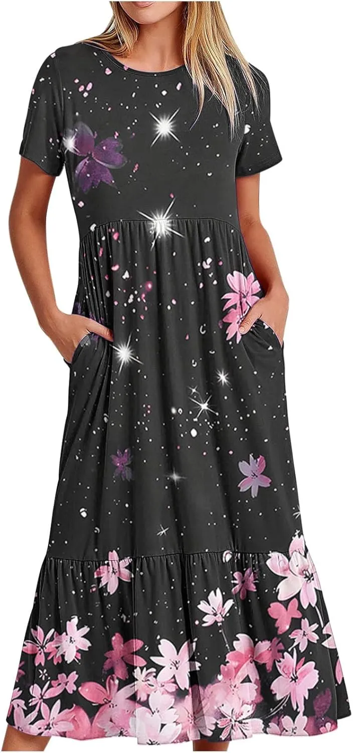 Flowy Dresses for Women Cute Flower Graphic Print Midi Dress Loose Fashion Casual Beach Dresses with Pockets