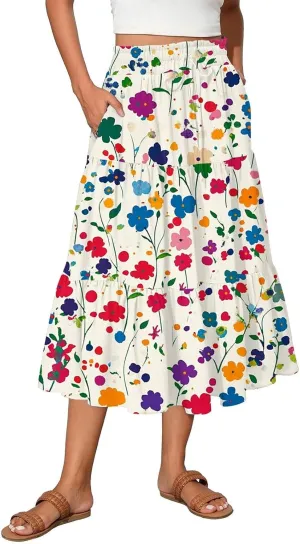 Flowy Skirts for Women High Waist Long A-Line Boho Maxi Skirt for Summer Beach