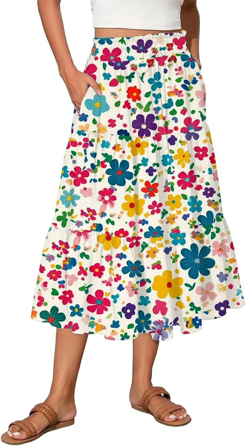 Flowy Skirts for Women High Waist Long A-Line Boho Maxi Skirt for Summer Beach